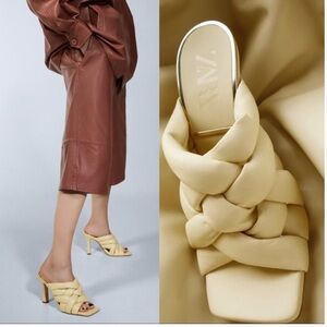 Zara padded woven leather heeled mules, cream yellow 40 square toe